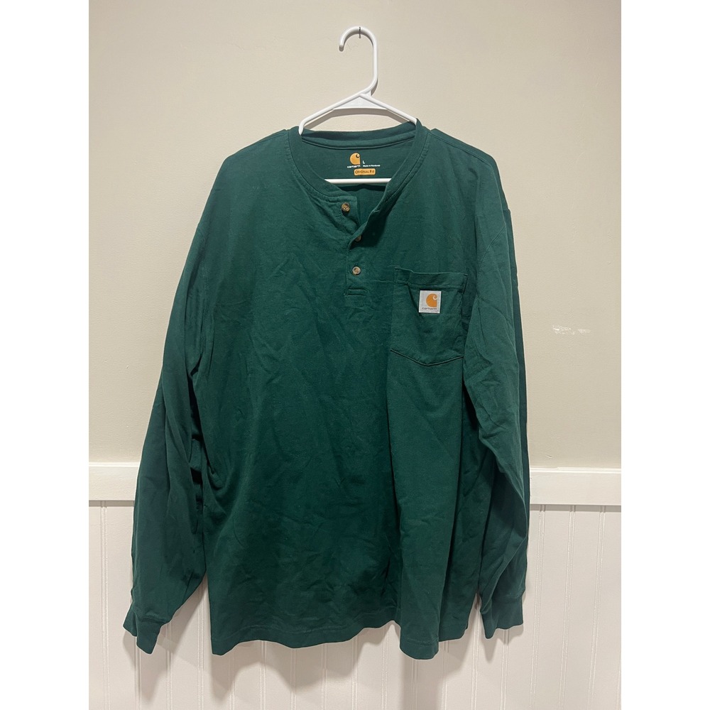 Carhartt Long Sleeve Shirt Quarter Button Original Fit Dark Green Men Size Large